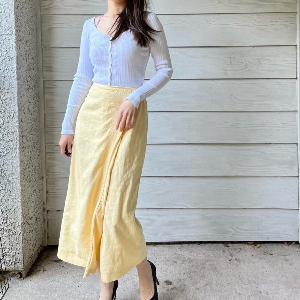 Vintage Linen Blend Pale Yellow Midi Skirt By Norton McNaughton.--ZA1